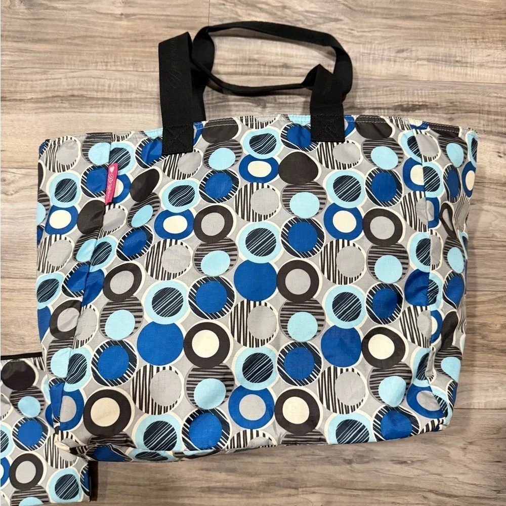 Brighton Lock It Super Tote Travel Bag Blue Geometric Weekender + Pouch Carryon - Picture 2 of 10
